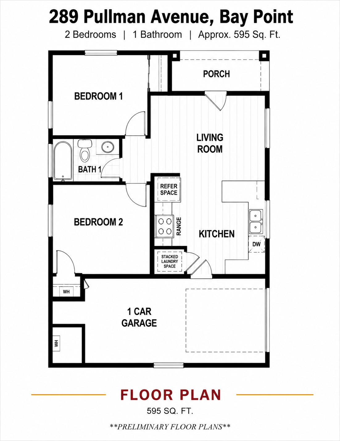A floor plan for a 2 bedroom, 1 bathroom apartment at 289 Pullman Avenue, Bay Point.